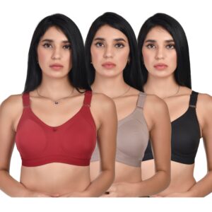 Edmee Feel Fit Women Full Coverage Seamless Bra | Broad Strap Non-Padded Non-Wired | Pack of 3 | Sizes 32C–44C